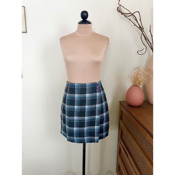 Vintage Dresses & Skirts - Vintage 34th & 10th 90s Blue Tartan Plaid Wrap Skirt